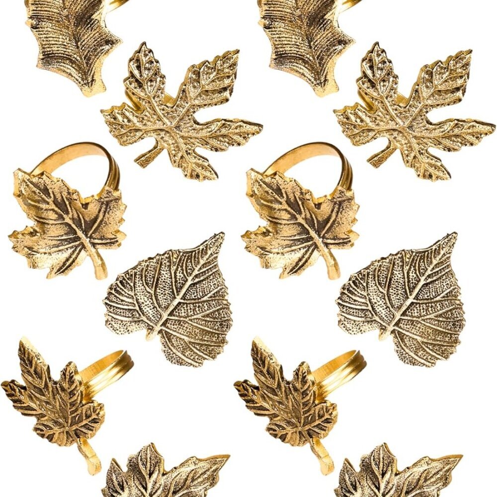 12-Piece Metal Napkin Rings - Antique Gold Harvest Leaf Napkin Rings - Decorativ